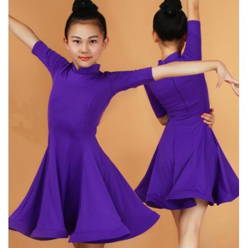 Girls competition latin dresses for kids children blue red mint purple black ballroom dance dresses exercises school performance dancewear